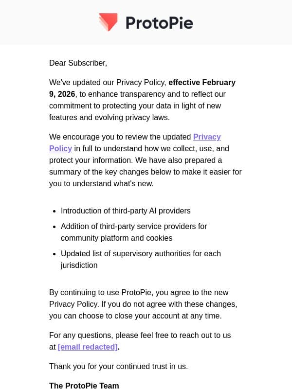 We've Updated Our Privacy Policy email from ProtoPie