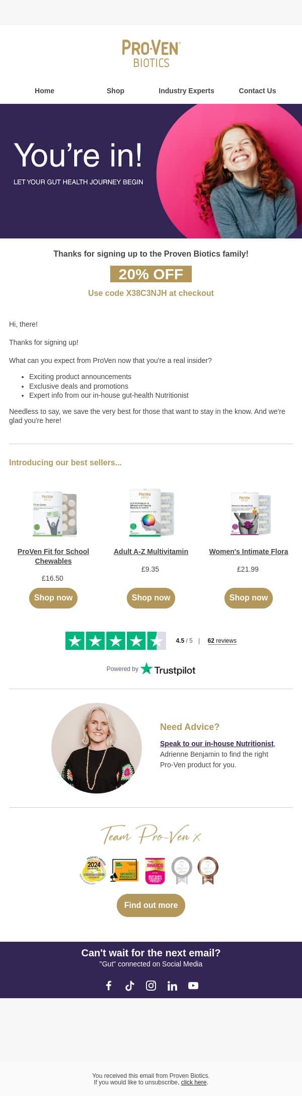 ⭐ Welcome! Here's 20% off your first order. ⭐ email from ProVen Probiotics screenshot