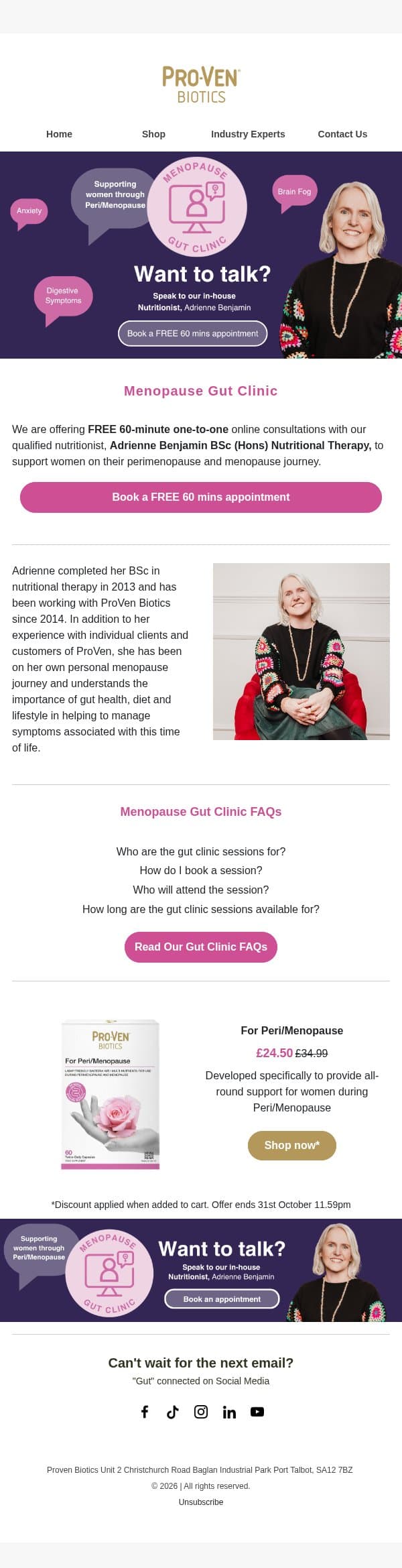 Struggling with Menopause? Speak to our Nutritionist email from ProVen Probiotics screenshot