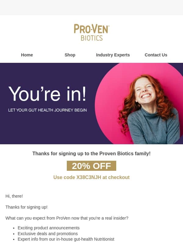⭐ Welcome! Here's 20% off your first order. ⭐ email from ProVen Probiotics