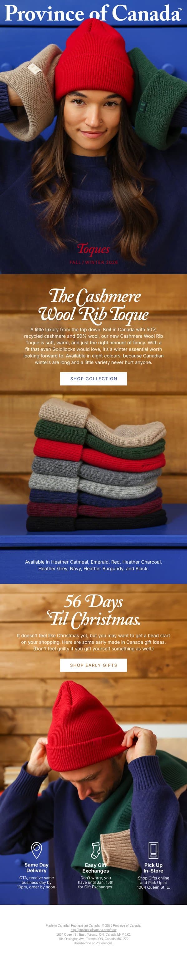 New: Cashmere Wool Toques email from Province of Canada screenshot