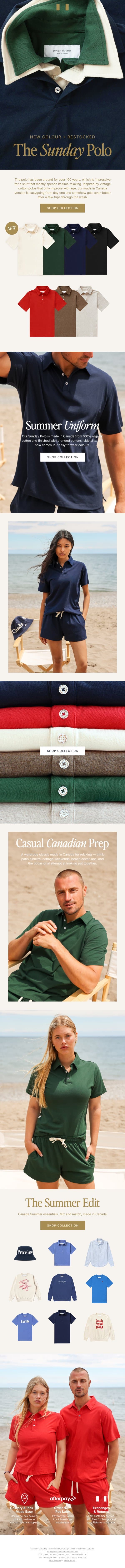 New + Restocked Sunday Polos email from Province of Canada screenshot