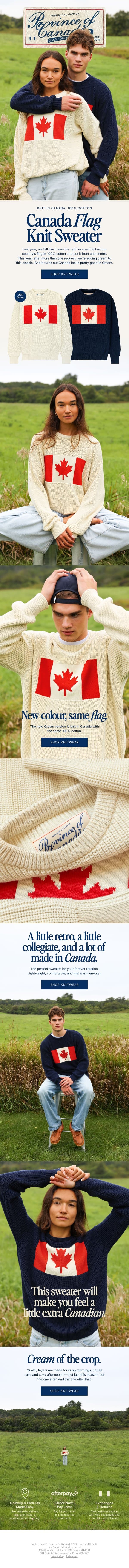 New: Cream Canada Flag Knit email from Province of Canada screenshot