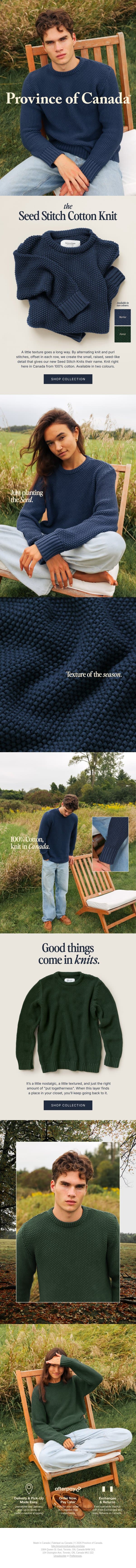 New: Seed Stitch Knits email from Province of Canada screenshot