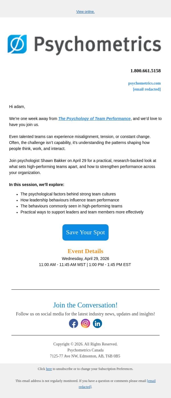 Join us April 29: What drives team performance email from Psychometrics Canada screenshot