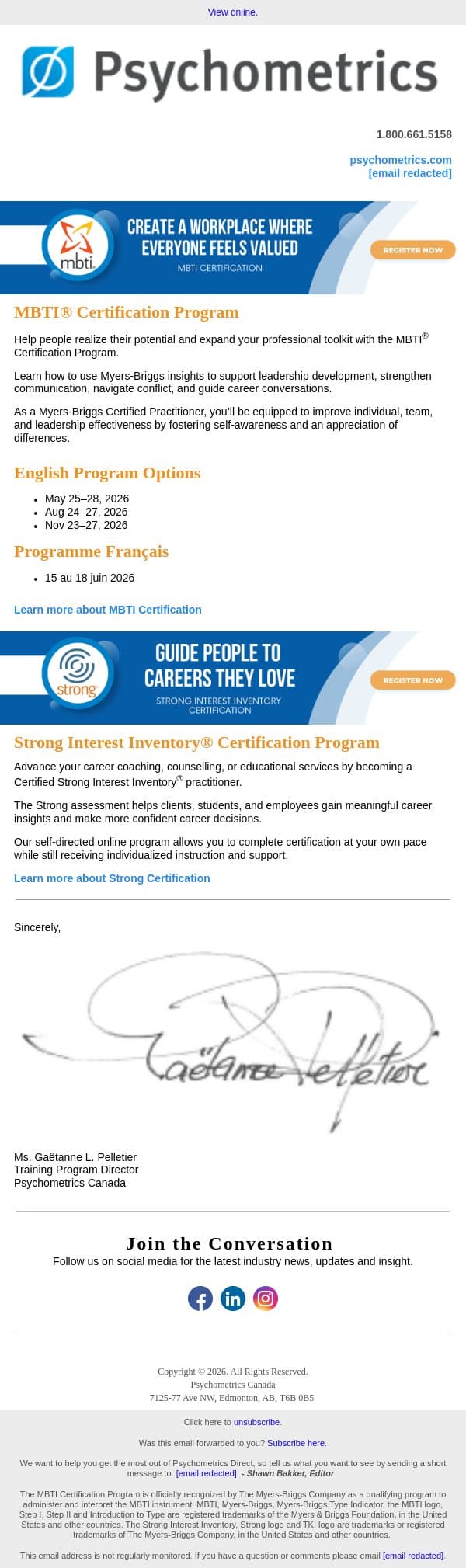 MBTI & Strong Certification Programs - 2026 Dates email from Psychometrics Canada screenshot