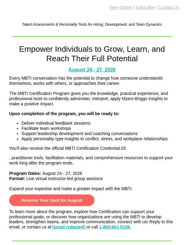 August MBTI® Certification Begins Soon email from Psychometrics Canada