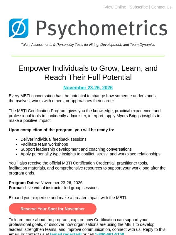 November MBTI® Certification Begins Soon email from Psychometrics Canada