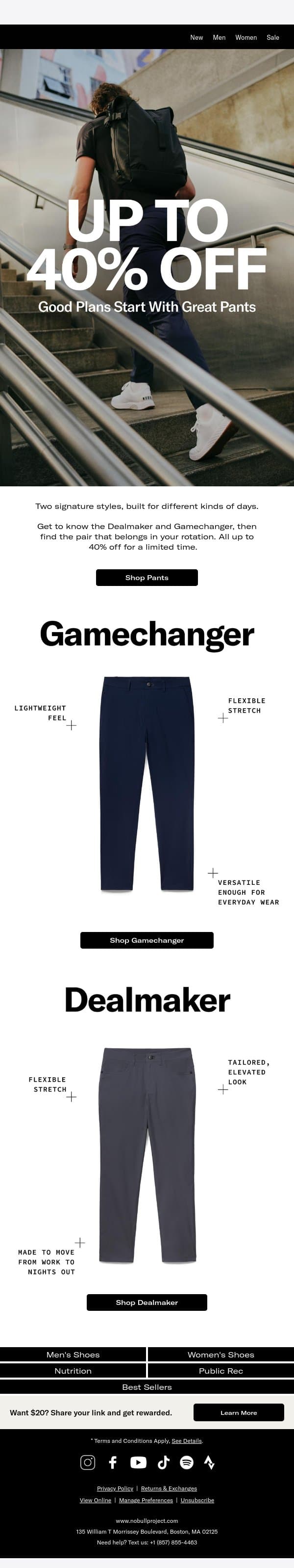 Up To 40% Off Everyday Pants email from Public Rec screenshot