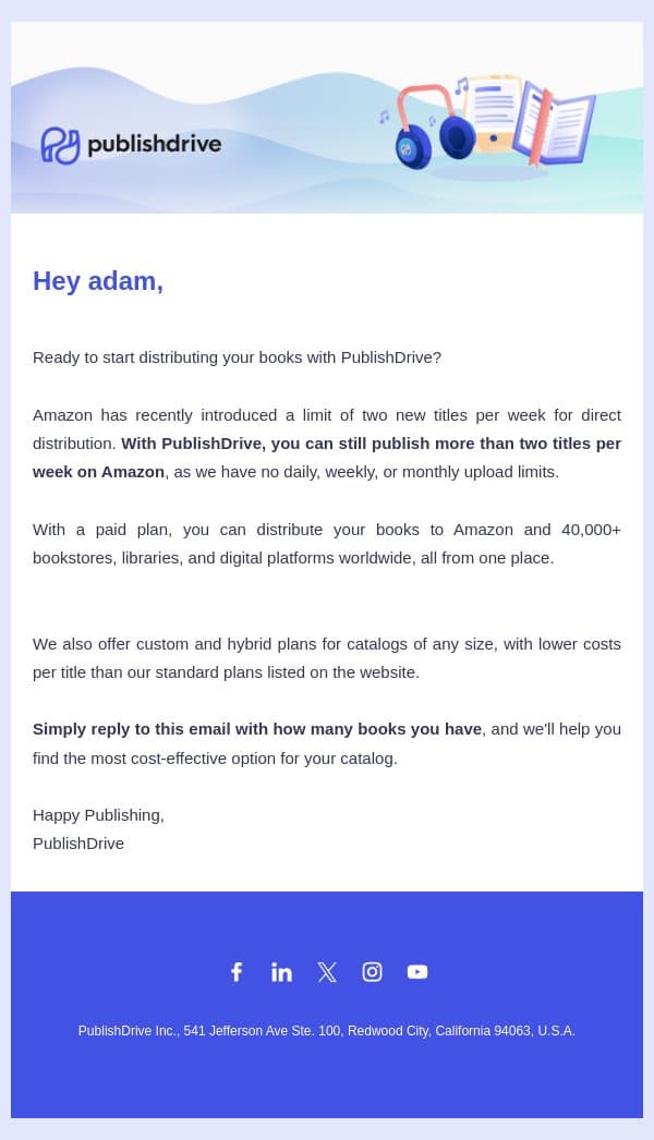 🚨 Unlock Amazon + Unlimited Daily Uploads ASAP email from PublishDrive screenshot