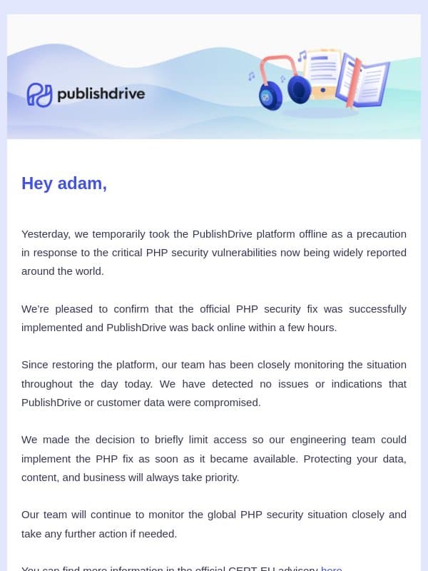 PHP Security Update: PublishDrive Fix Successfully Implemented email from PublishDrive