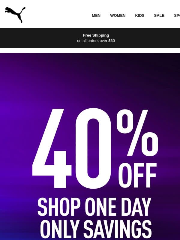 40% Off One Day Only email from Puma