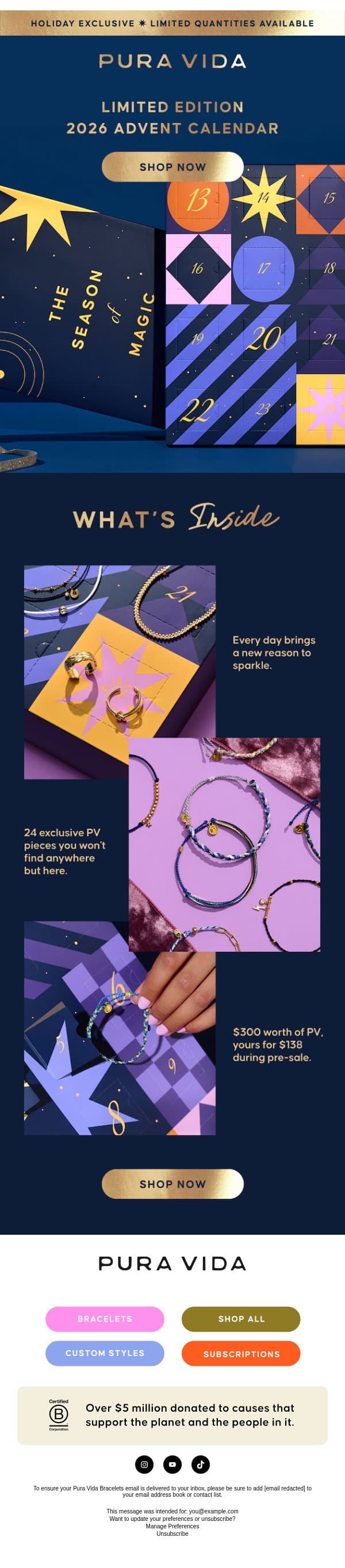 Advent Calendars are going fast ⏳ email from Pura Vida Bracelets screenshot