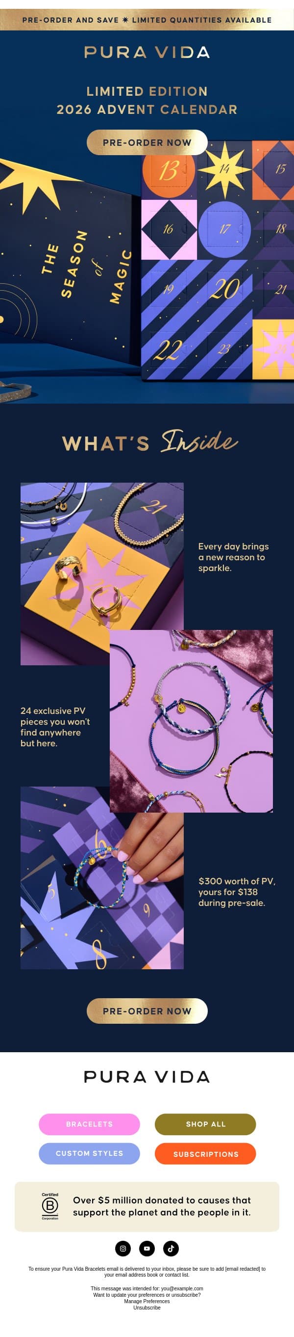 It's back! Our advent calendar sold out last year. email from Pura Vida Bracelets screenshot