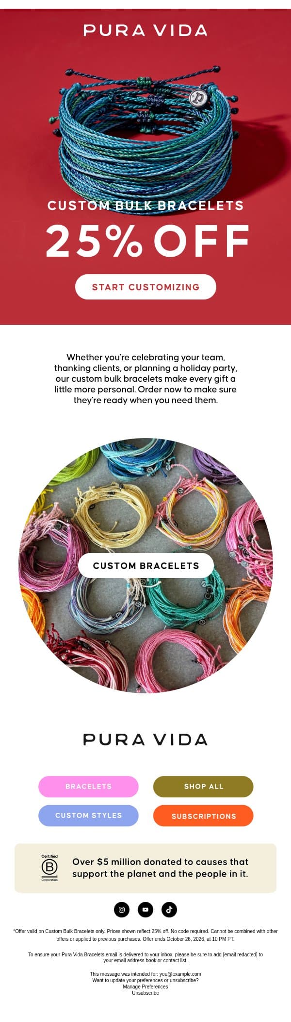Ends Soon - 25% Off Custom Bulk Bracelets email from Pura Vida Bracelets screenshot