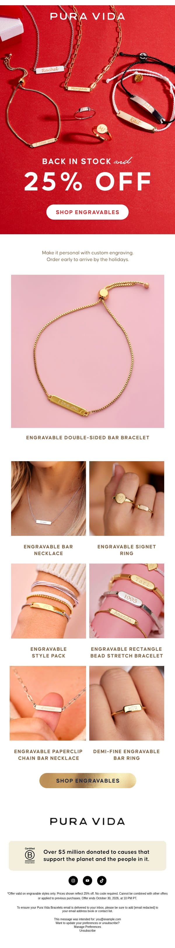 They're back (and 25% off) - engrave something good email from Pura Vida Bracelets screenshot