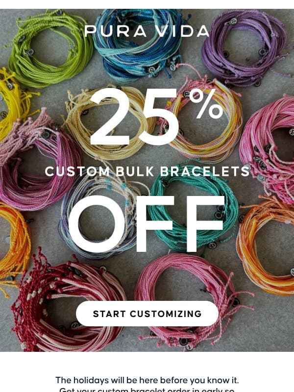 Last call for 25% off holiday party bracelets 🚨 email from Pura Vida Bracelets