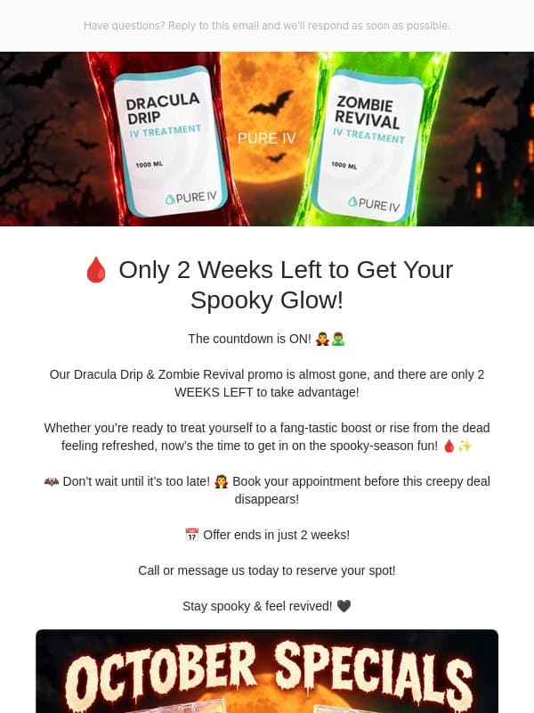 150$ Dracula Drip email from Pure IV