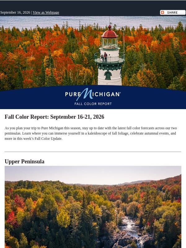 Fall Color Report: September 16-21, 2026 email from Pure Michigan