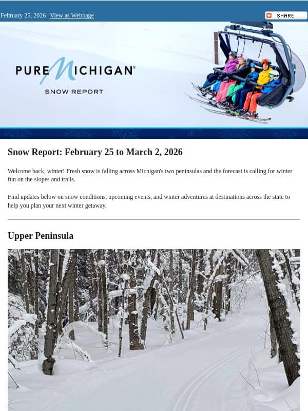 Snow Report: February 25, 2026 email from Pure Michigan