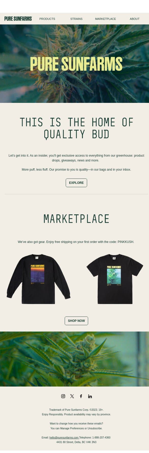 You're In email from Pure Sunfarms screenshot