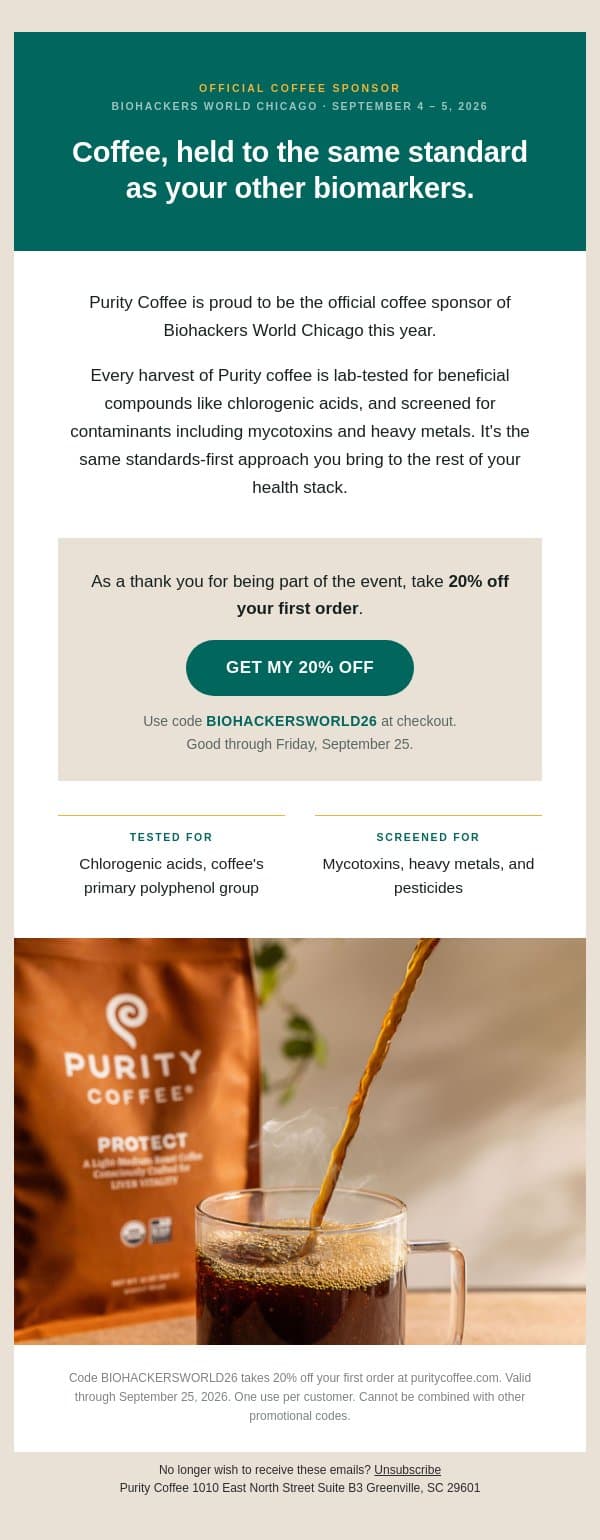Your Biohackers World code: 20% off Purity email from Purity Coffee screenshot
