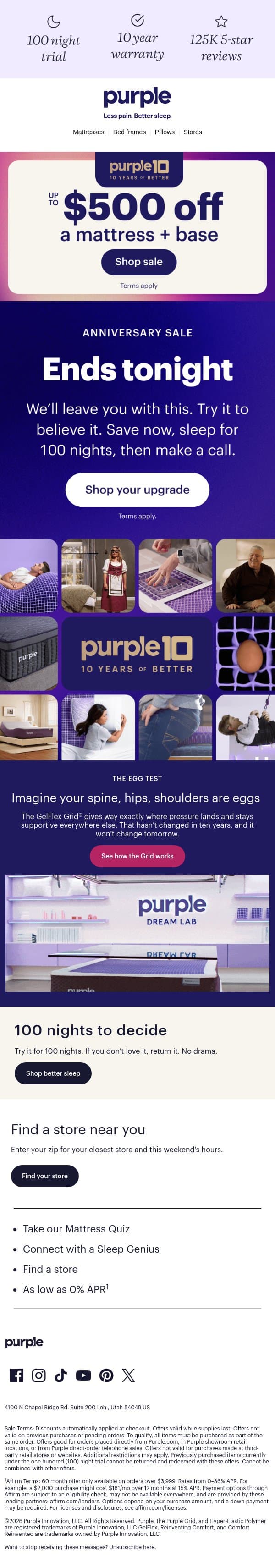 Last Call! Sale ends tonight. email from Purple screenshot