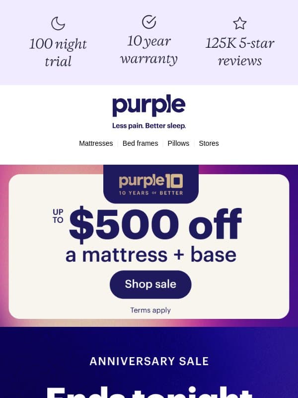 Last Call! Sale ends tonight. email from Purple