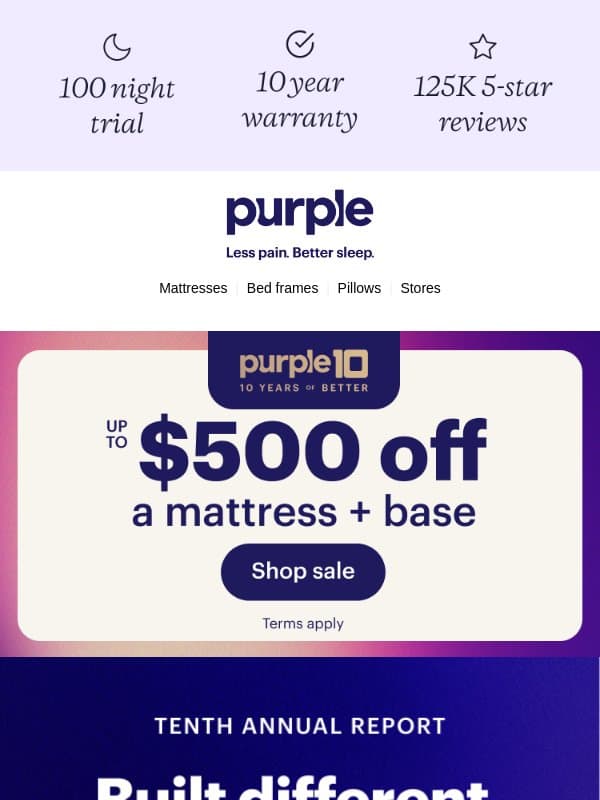 Anniversary sale ENDS TOMORROW email from Purple