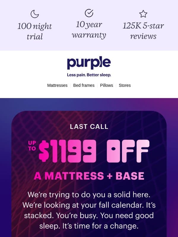Save today or be sad tomorrow email from Purple