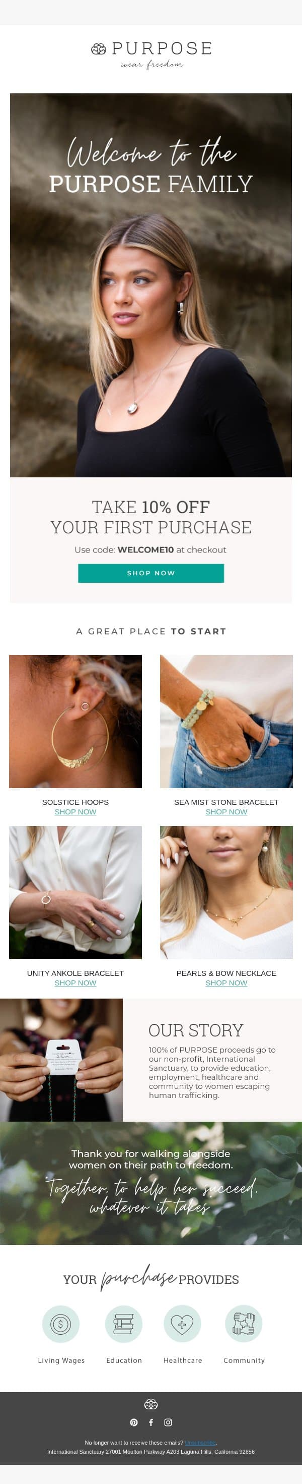 Inside: 10% off your first purchase! 💕 email from Purpose Jewelry screenshot