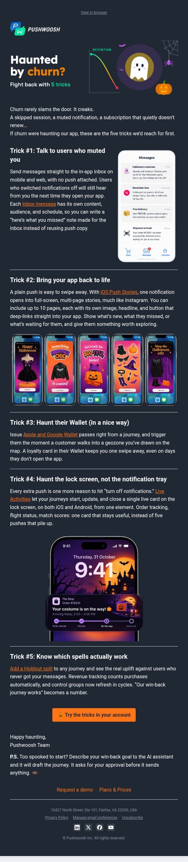 π Haunted by churn? Fight back with 5 tricks email from Pushwoosh screenshot