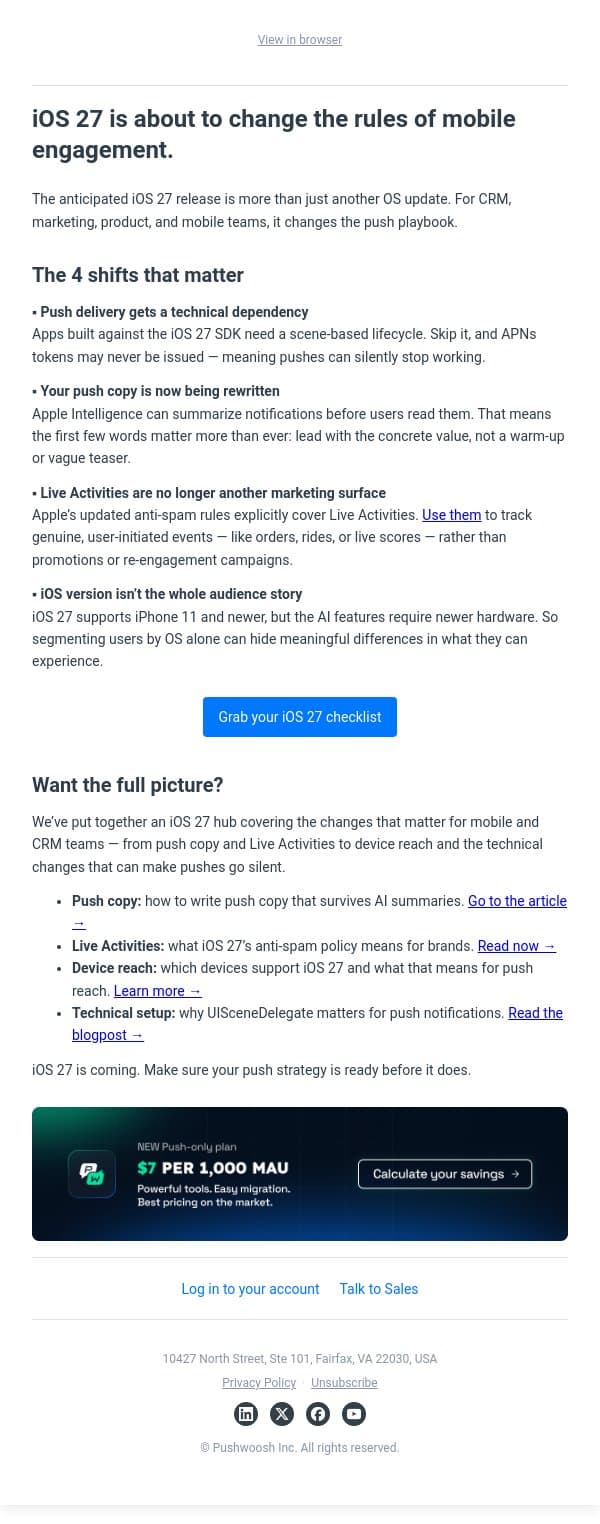 iOS 27 is changing push. Is your app ready? email from Pushwoosh screenshot