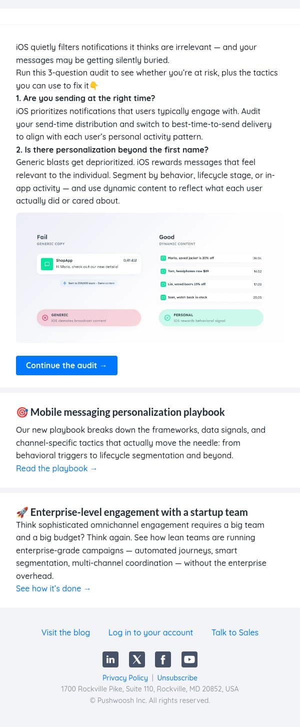 Is iOS silently burying your notifications? 🤫 email from Pushwoosh screenshot