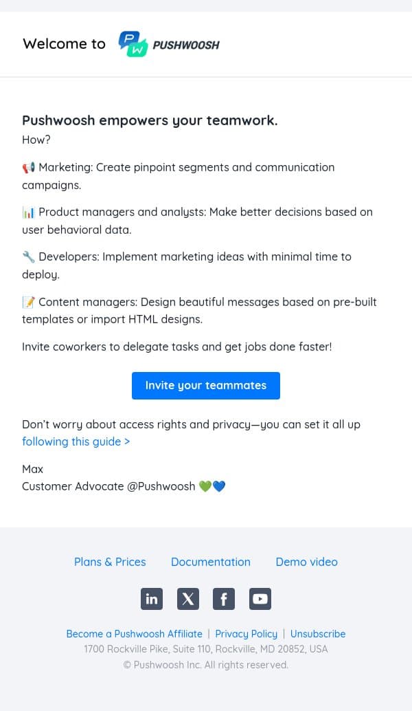 π΄ββοΈ Inviting coworkers increases your productivity email from Pushwoosh screenshot