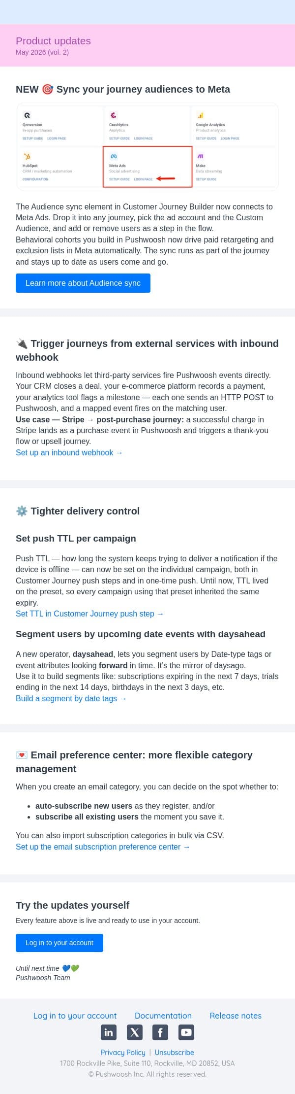 Product updates | May 2026 (vol. 2) email from Pushwoosh screenshot