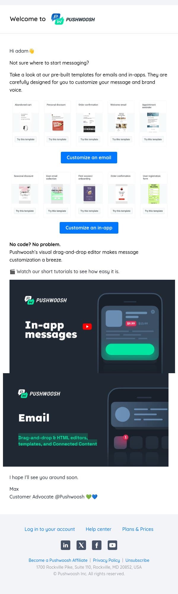Get 🌱 inspired by templates that help other teams grow email from Pushwoosh screenshot