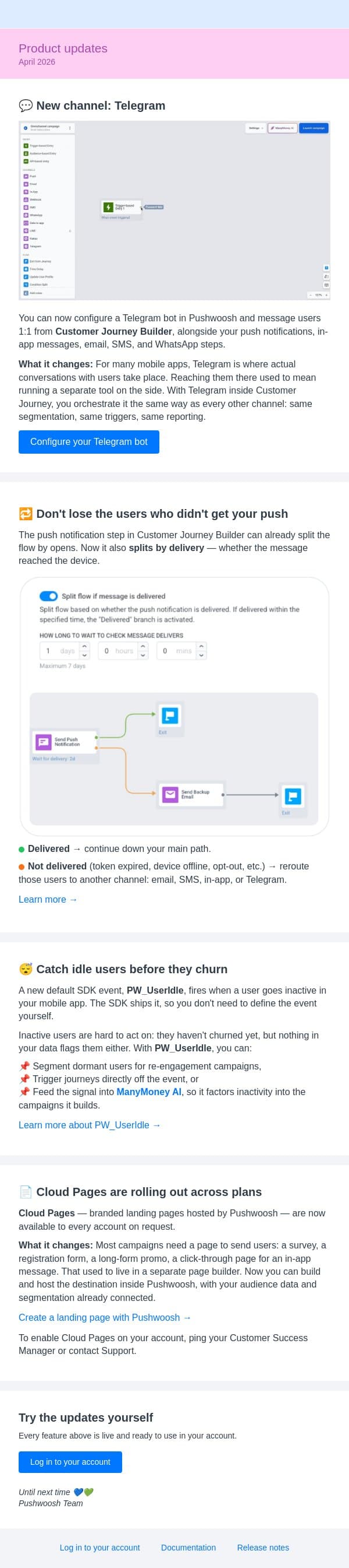 Product updates | April 2026 email from Pushwoosh screenshot