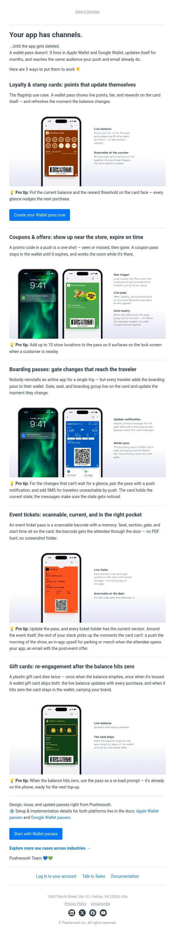 5 ways to use Wallet passes ποΈ email from Pushwoosh screenshot