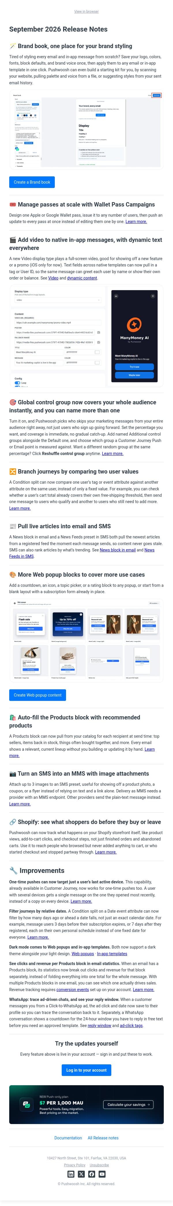 What's new | September 2026 email from Pushwoosh screenshot