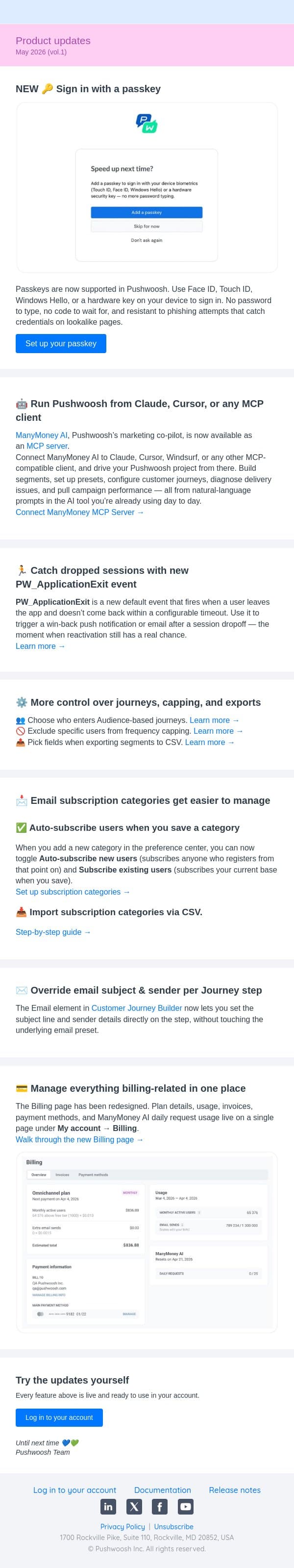 Product updates | May 2026 (vol. 1) email from Pushwoosh screenshot