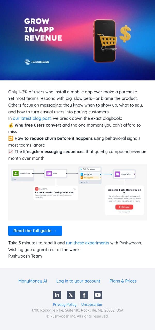 8 experiments to increase in-app purchases email from Pushwoosh screenshot