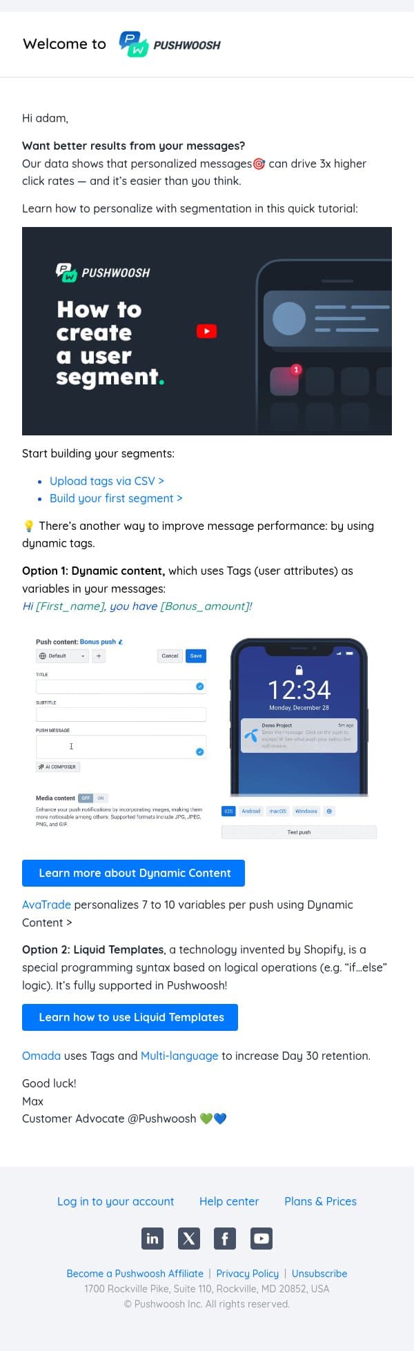 ๐ Add a personalized touch email from Pushwoosh screenshot