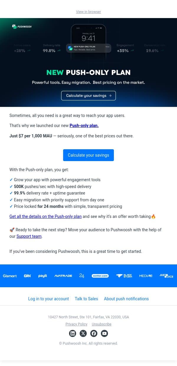 NEW Push-only plan email from Pushwoosh screenshot