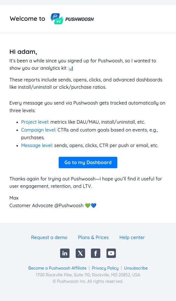Have you seen how your message did? π email from Pushwoosh screenshot
