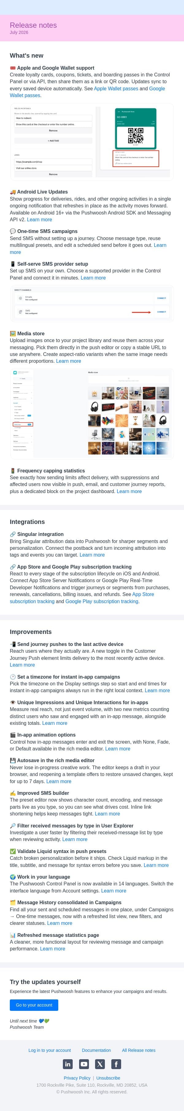 🆕 Apple & Google Wallet, Android Live Updates, one-time SMS, Media store, and more email from Pushwoosh screenshot