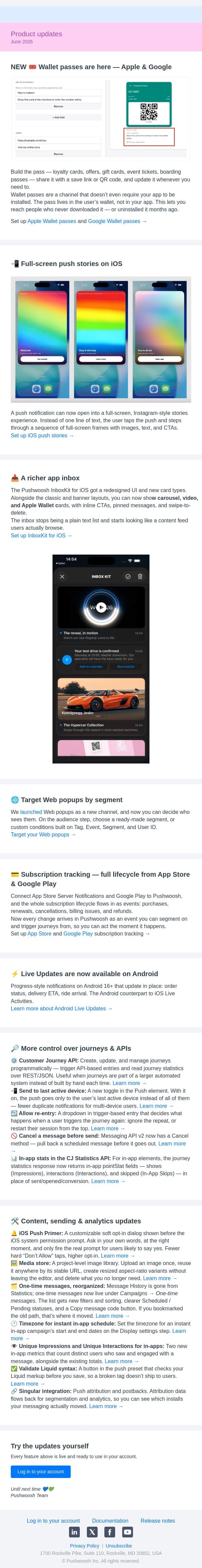 Product updates | June 2026 email from Pushwoosh screenshot