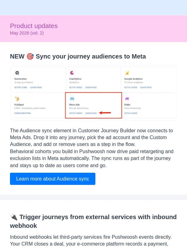 Product updates | May 2026 (vol. 2) email from Pushwoosh
