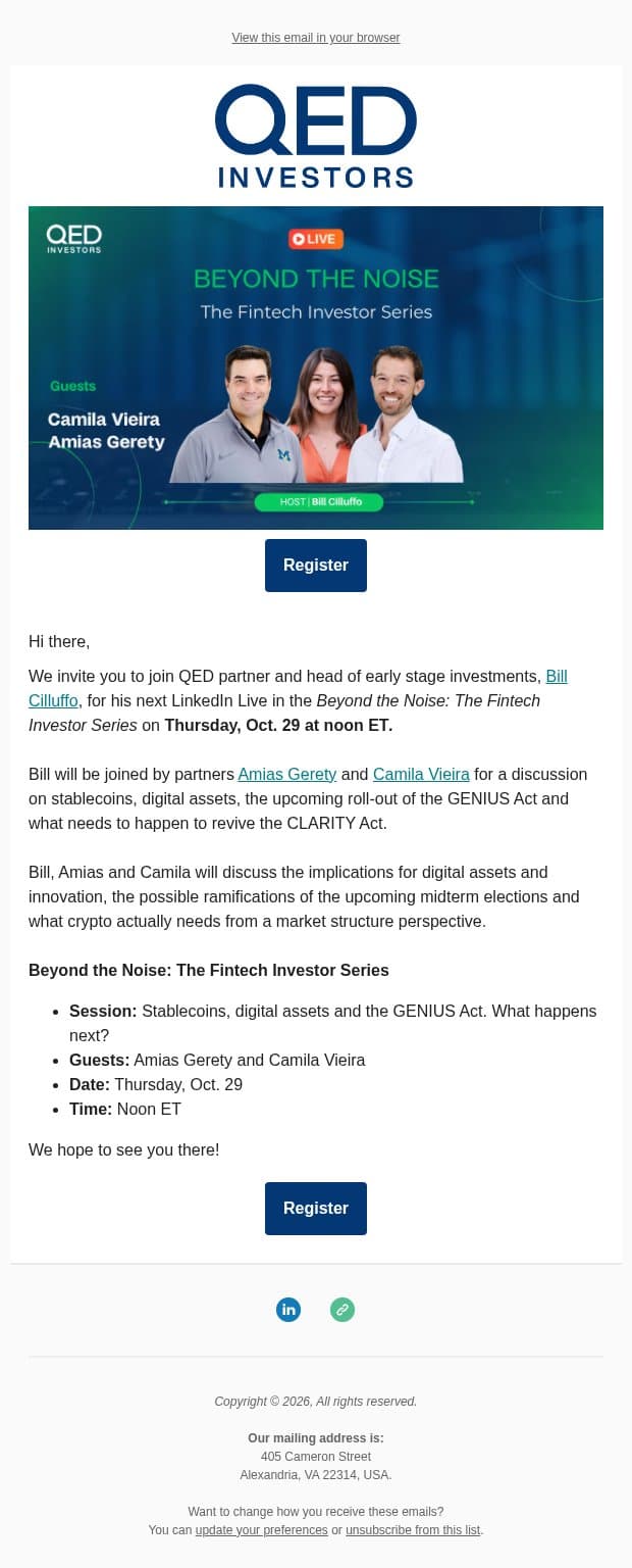 Save the date for a QED panel: Stablecoins, the GENIUS Act and the future of digital assets email from QED Investors screenshot