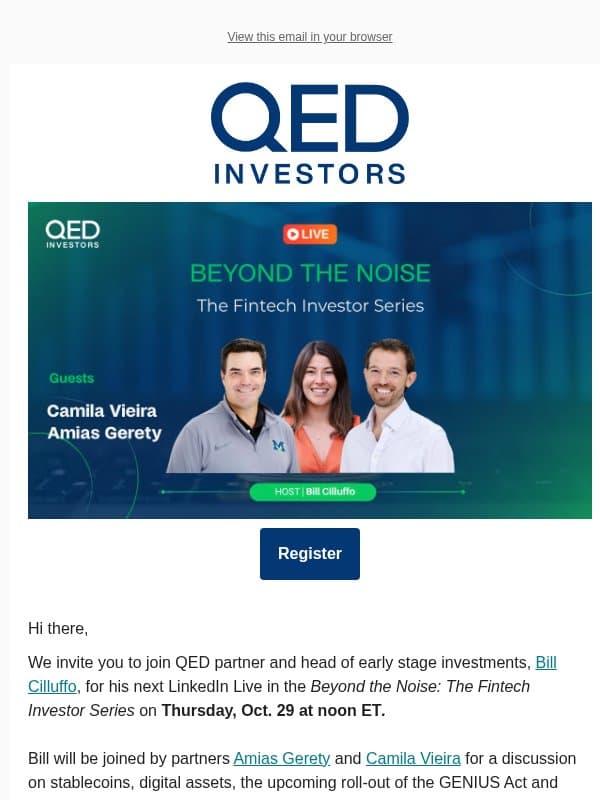 Save the date for a QED panel: Stablecoins, the GENIUS Act and the future of digital assets email from QED Investors